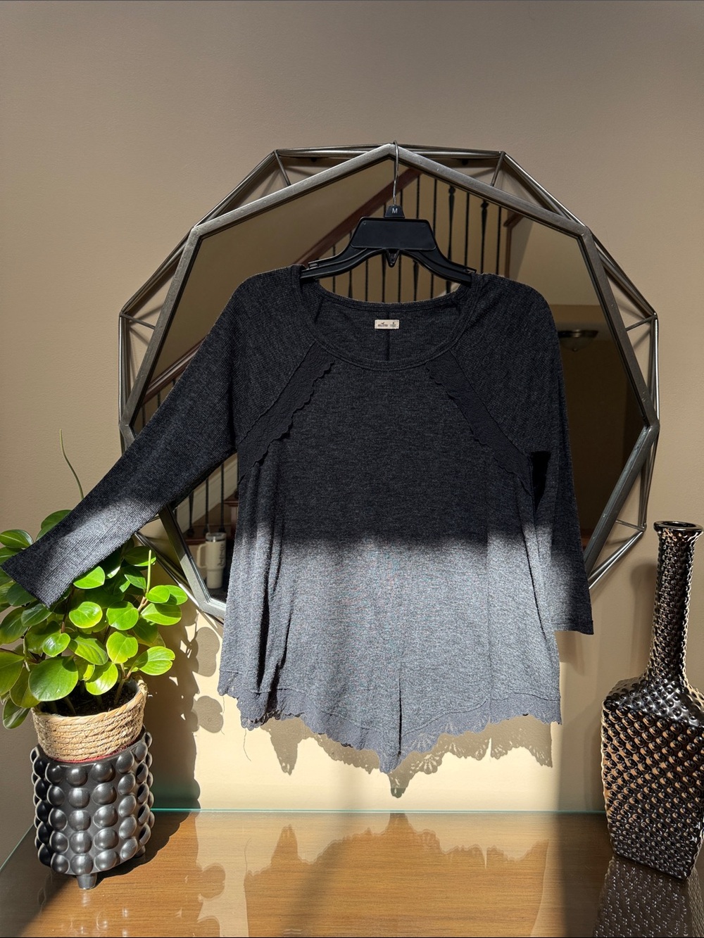 Women’s Charcoal Gray Long-Sleeve Knit Top with Lace Trim
